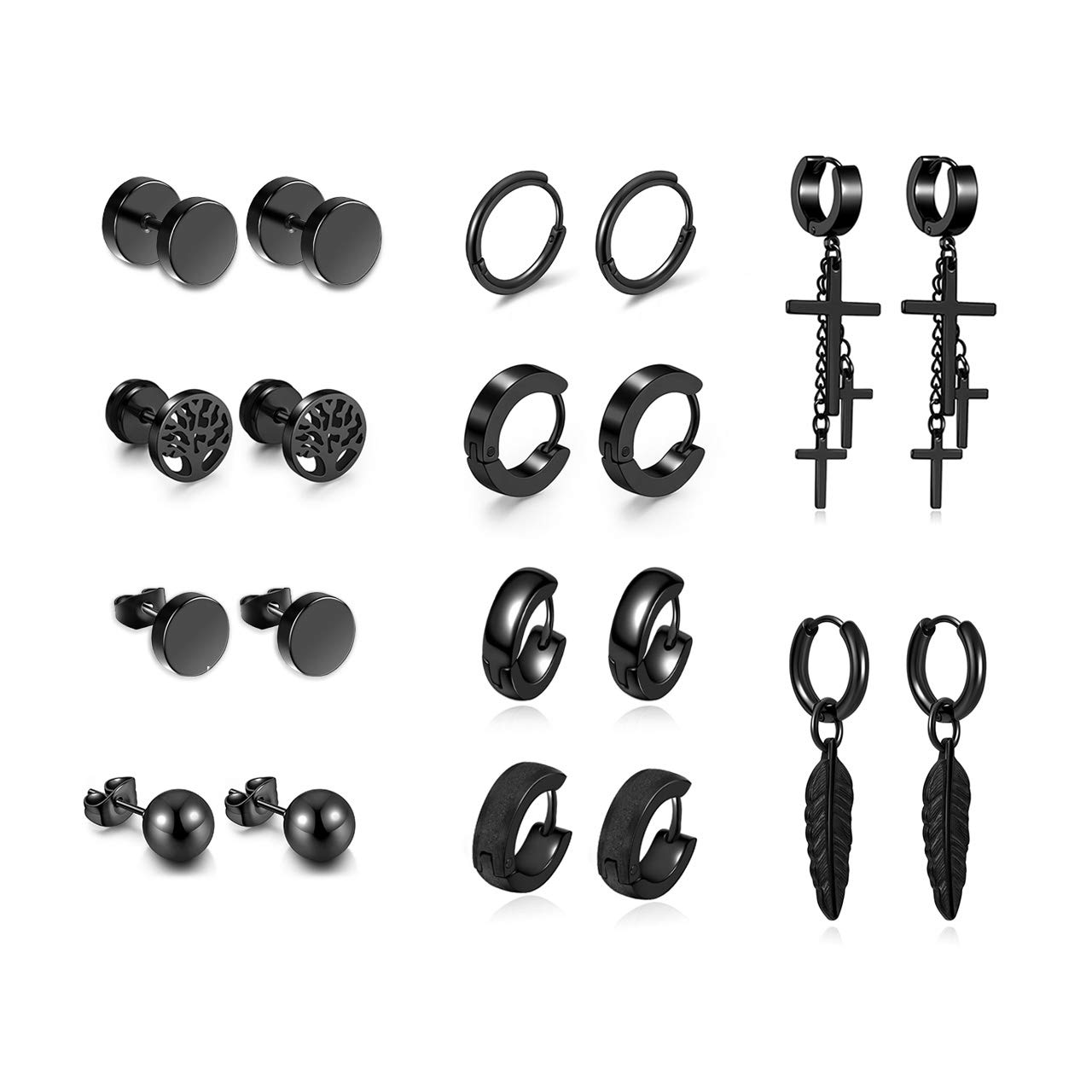 9 Paris Earring Studs Set Mixed Styles Fake Ear Gauge Barbell Dangle Cross Dangling Feather Piercing Cartilage Nose Hoop Ring Screw Stud Earrings Sets Tunnel Plugs