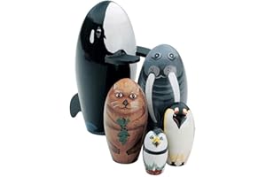 Bits and Pieces - "Willy and Friends - Matryoshka Dolls - Wooden Russian Nesting Dolls - Sea Life Animal Figurines - Whale, Walrus, Penguin - Stacking Dolls Set of 5