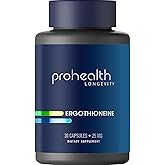 ProHealth Ergothioneine 5X Strength. 25mg Clinical Research Dose. Natural Amino Acid Mushroom Supplement for Improved Cognition, Heart Health. Essential Longevity Vitamin. 25 mg/Serving, 30 Servings
