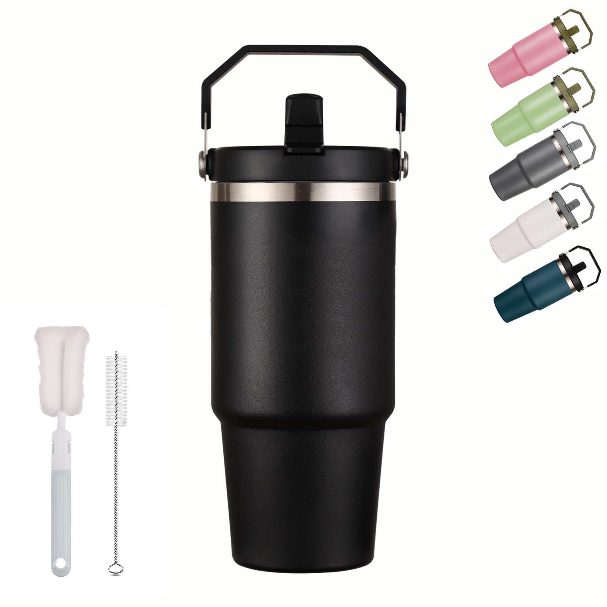 XIXIAMI Travel Mug with Handle 600ml-20oz Insulated Tumbler with Straw & Lid Leakproof Coffee Mug for Hot or Iced Drink |Stainless Steel Thermal Cup-Black