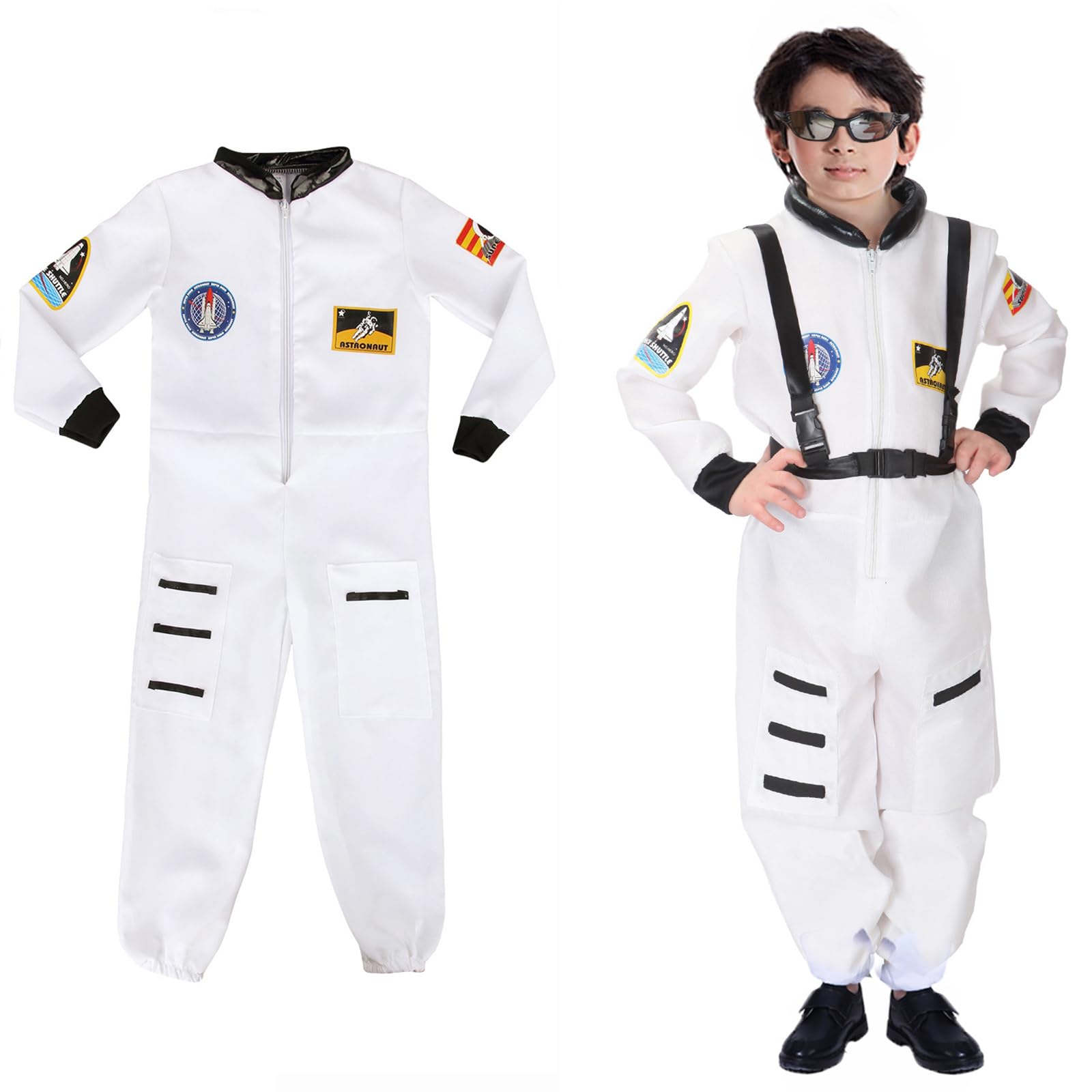 ZJstyle Kids Spaceman Costume Unisex Astronaut Costumes for Kids Spaceman Role Play Costume Set Spacesuit Spacemans Jumpsuit Boys Fancy Dress Outfit Halloween Costumes for Kid (White, XL)