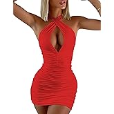BEAGIMEG Women's Sexy Bodycon Sleeveless Criss Cross Ruched Halter Mini Dress Party Club Dress