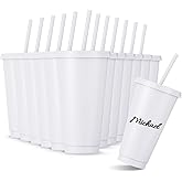 Amyhill 12 Pcs Reusable Cups with Lids and Straws 24 oz Plastic Tumbler Iced Coffee Cup Travel Mug for Smoothie Juices Birthdays Sleepover Party Supplies for Girls (White)