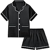 Weixinbuy Girls Pajamas Satin Pajama Set for Girls 2Pcs Silky Pjs Sleepwear Short Sleeve Button Down PJ Set Gifts for Kids