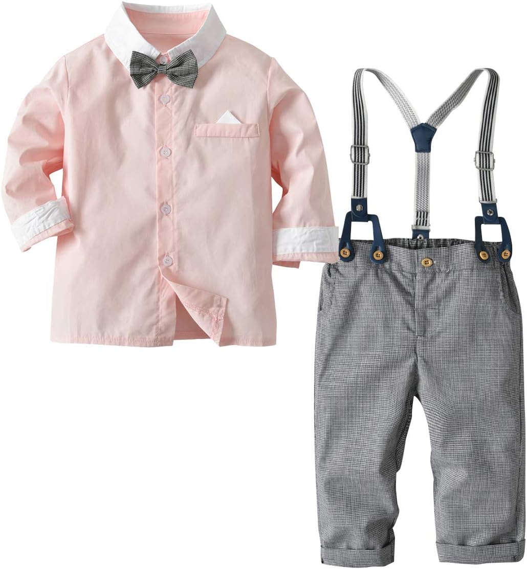 Kids Toddler Baby Boy Gentlemen Suit Outfits Set Long Sleeve Shirt with Bow Tie + Suspender Pants 2Pcs Boys Clothes for 2-6 Years