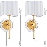 MhyTogn Modern Plug-in Wall Sconce Set of 2, with Creamy-White Fabric Flower and Antique Brass Brush Paint Finish Shade for V