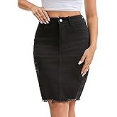 CIMUK Women's Denim Skirt Stretchy High Waisted Raw Hem Knee Length Jean Pencil Skirts