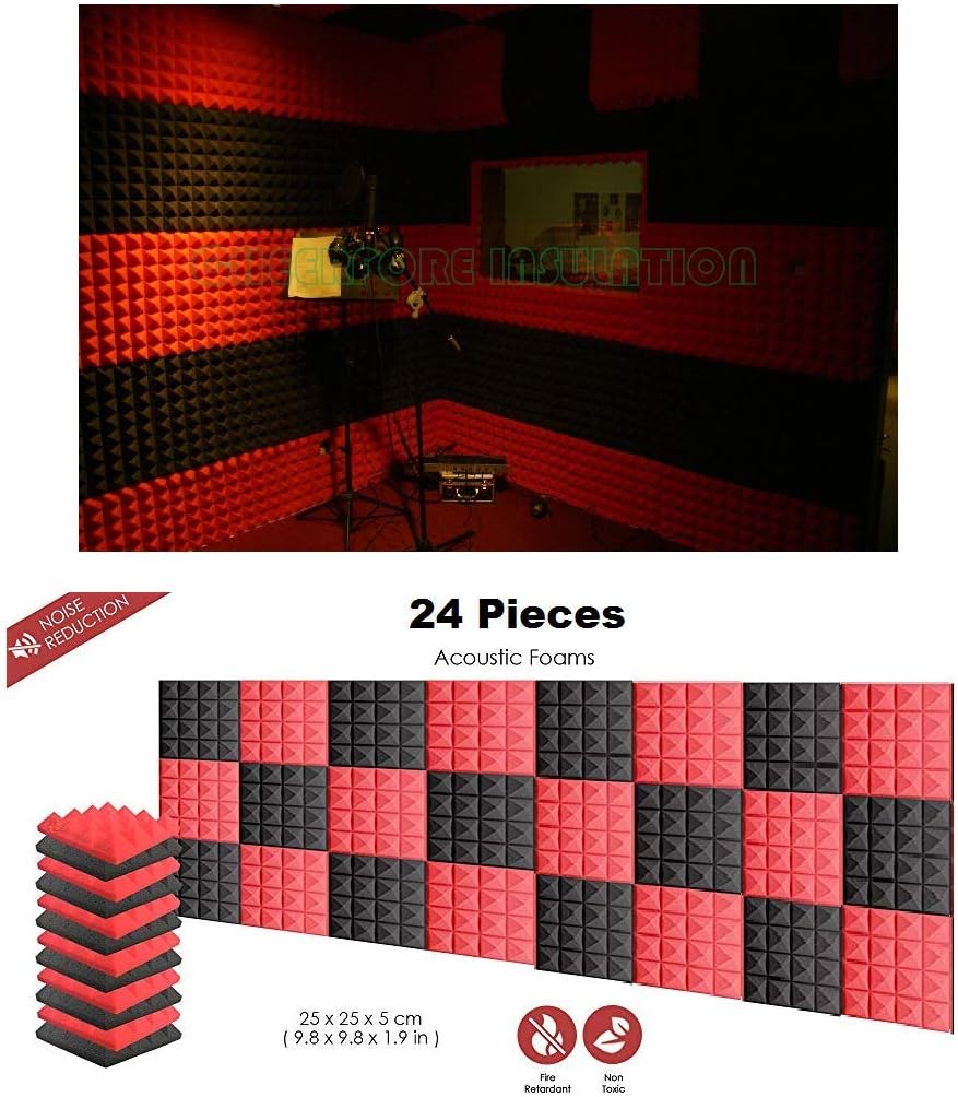 Hukimoyo® Soundproofing Acoustic Foam Wall Panel, Pyramid Studio High Frequency Absorbing Foam Sound fix Wall Tiles for Reducing Echoes (24 Pcs, Black(12 Pcs) + Red(12 Pcs))
