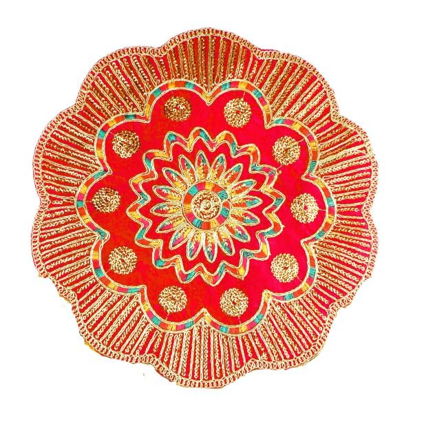 Aditri Creation Round Mat Aasan Velvet Pooja Cloth with Sequence Work for Indian Traditional Multipurpose Pooja Festival New year Pooja Decorations Item & Article (Size :- 21")(Red)
