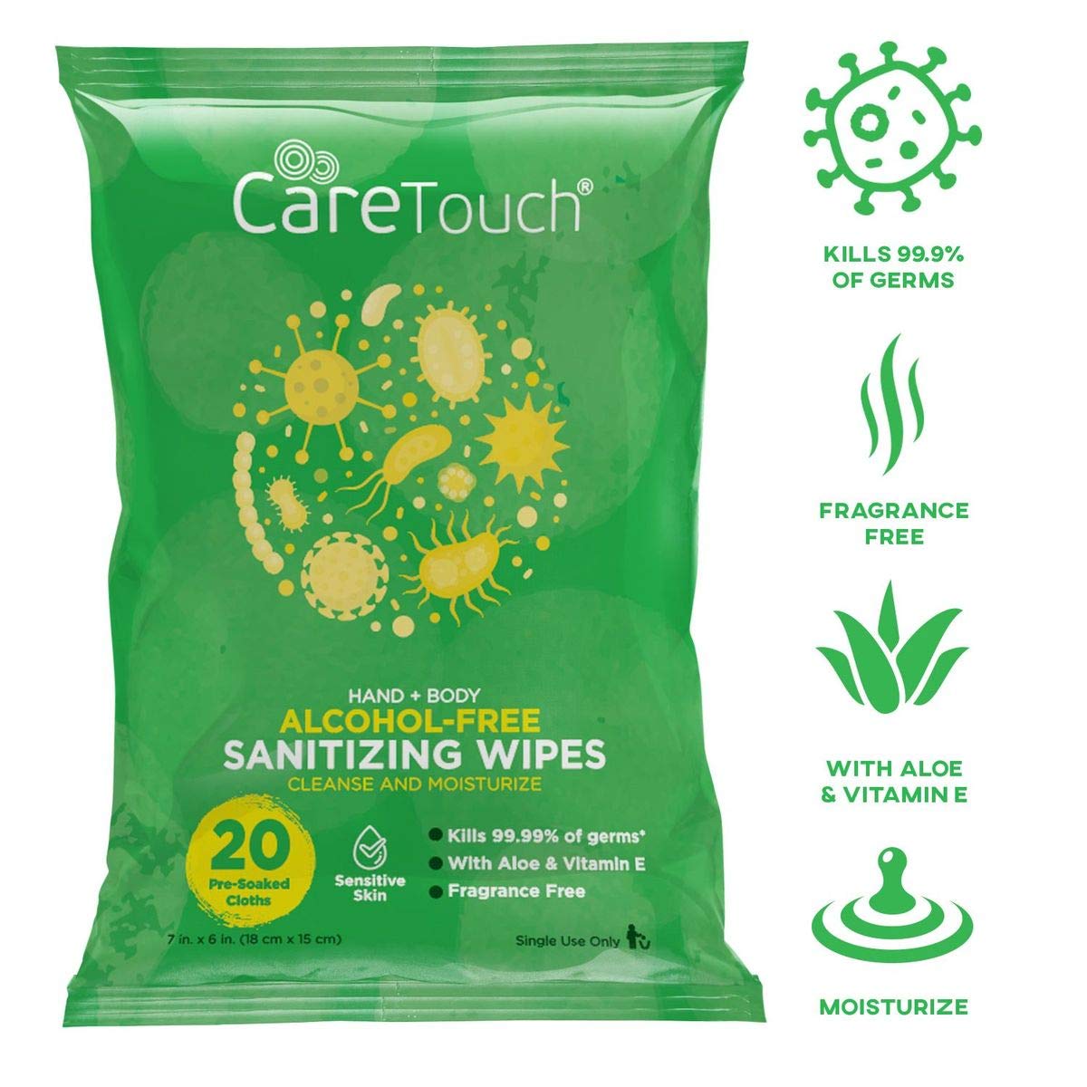 Care Touch Alcohol-Free Hand Sanitizing Wipes | 6 Pouches of 20 Wipes (120 Total) | Antibacterial Hand Wipes with Vitamin E + Aloe Vera for Babies and Adults | Made in The USA : Beauty