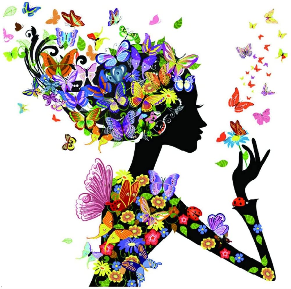 WOWDECOR Cross Stitch Kits for Adults Beginners Pre Printed, Colourful Butterfly Flowers Lady 11ct Stamped Advanced DIY Embroidery Kit with Pattern