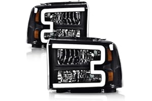 G-PLUS LED DRL Headlights Assembly, Fit For 2005 2006 2007 Ford F250 F350 F450 F550 Super Duty Headlamps Driver and Passenger Side, Clear lens Black Housing Amber Reflector