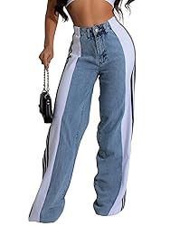 Angsuttc Womens Jeans with Patchwork Stripes High