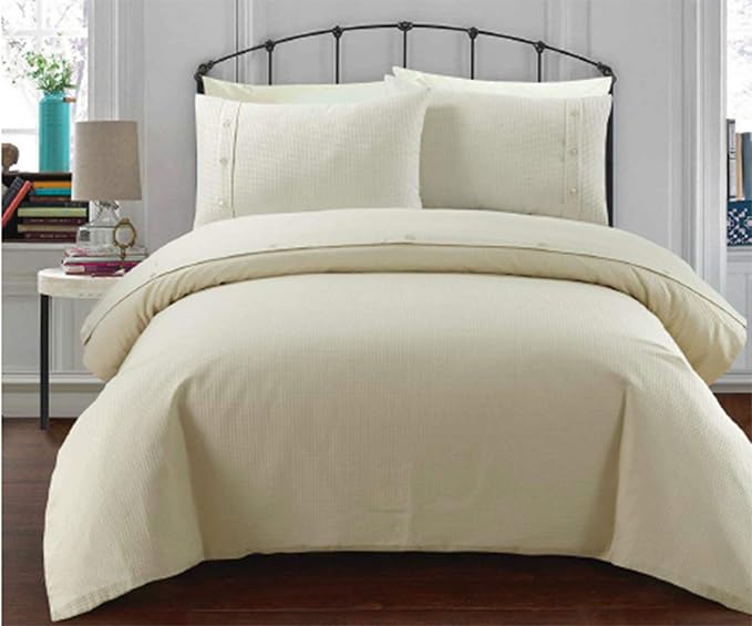 Sleepdown Waffle Cream Luxury Soft Duvet Cover Quilt Bedding Set With