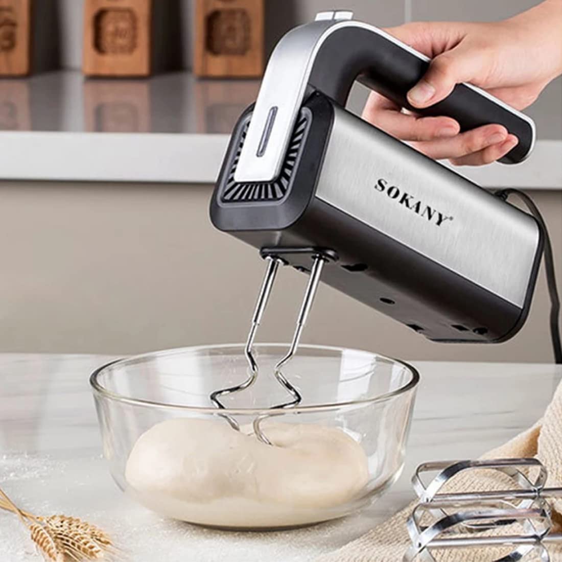 SOKANY 800W Handrührgerät Edelstahlkneter Handmixer, 5 Geschwindigkeiten mit Exit-Taste, Handrührer mit 2 Knethaken & 2 Rührbesen (CX-6651) 6