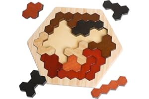Skrtuan Wooden Hexagon Puzzle for Kids & Adults, Montessori STEM Educational Toy with Colorful Shapes, Logic IQ Brain Teaser Game for All Ages, Geometry Tangram Gift