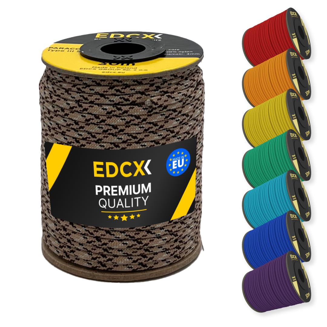 EDCX 4mm Nylon Paracord 550 30m (100 feet) | Ideal for Camping, Survival, Outdoor, Crafting, DIY | 100% Nylon Rope 4mm | Paracord 550 Type III in Solid Color (Desert Camo, 30 m)