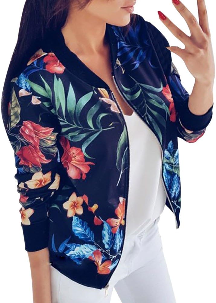 Shybuy Fashion Womens Youth Girl Classic Zipper Floral Printed Jacket Casual Short Bomber Jacket Coat