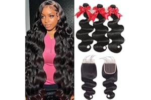 YIBUSI 12A Human Hair Bundles with Closure 16 18 20 with 14 Inch Brazilian Body Wave 3 Bundles Human Hair with 4x4 HD Lace Closure 100% Unprocessed Virgin Human Hair Weave