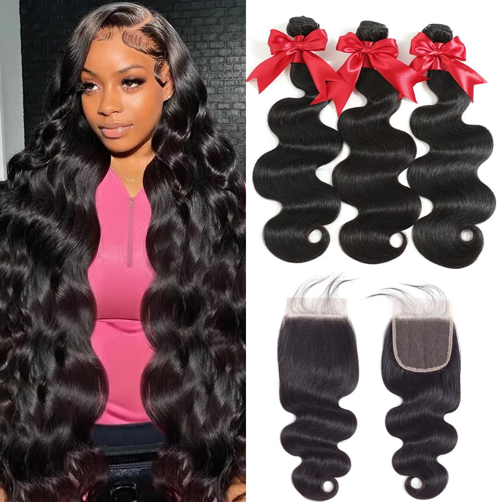Photo 1 of 12A Human Hair Bundles with Closure 16 18 20 with 14 Inch Brazilian Body Wave 3 Bundles Human Hair with 4x4 HD Lace Closure 100% Unprocessed Virgin Human Hair Weave