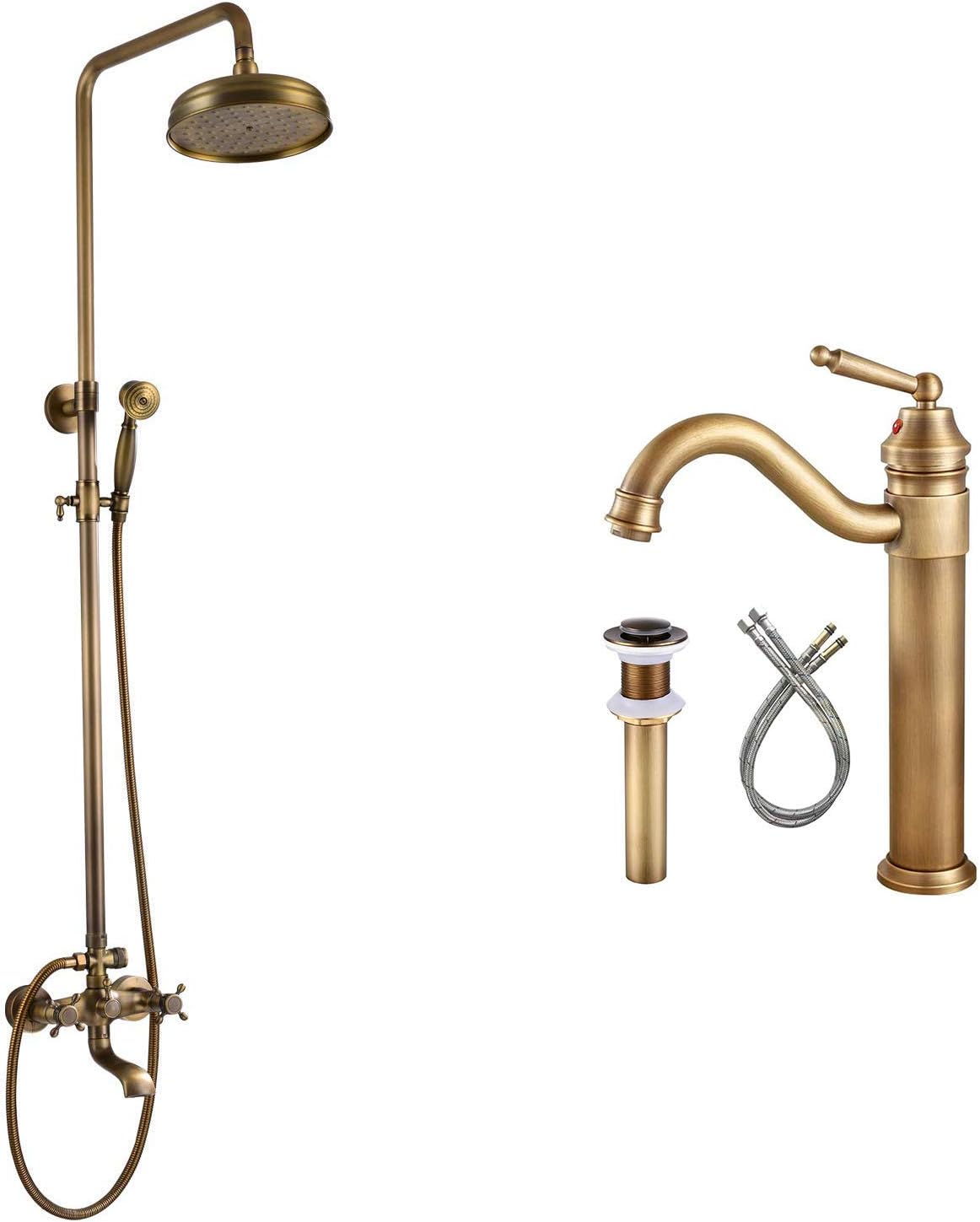 gotonovo Antique Brass Shower Fixture 8 Inch Rainfall Shower Head with Handheld Spray Dual Knobs