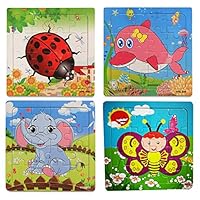 OMGOD Kids Puzzles Toys 4 Pack, 16pcs Wooden Animals Elephant Bee Dolphins Ladybugs Fancy Education and Learning Intelligence Toys Jigsaw Puzzles Present (16 Pieces Puzzles)