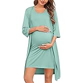 SWOMOG Women Maternity Nursing Gown and 3/4 Sleeve Robe Set Labor Delivery Nightgown Breastfeeding Hospital Bathrobe