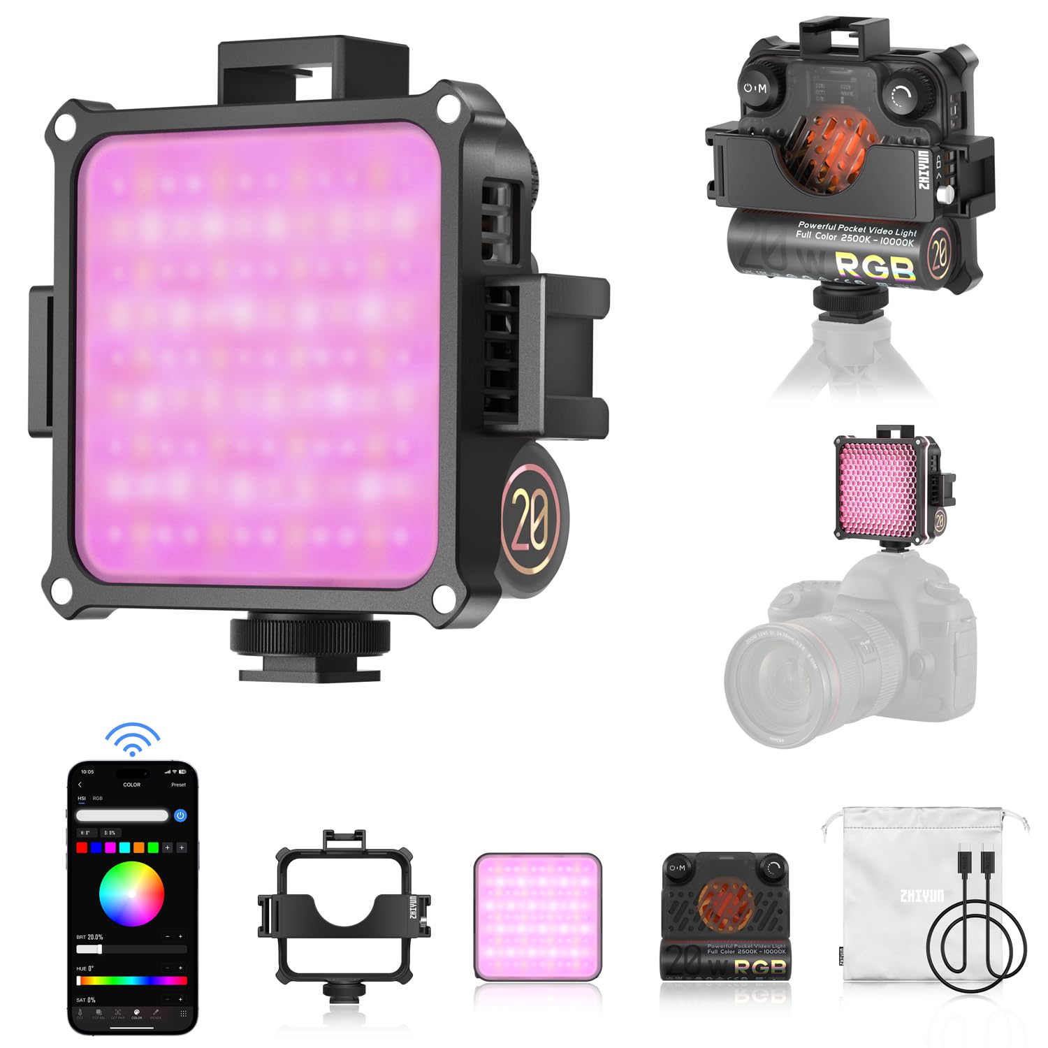 ZHIYUN FIVERAY M20C [Official] 20W RGB Video Light, 4500mAh Rechargeable Camera Light 2500-10000K Dimmable LED Panel Light with Extension Bracket, 16 Lighting Effects for Photography, YouTube, TikTok