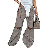 DINGANG Women Wide Leg Baggy Sweatpants High Waisted Flare Pants Y2K Multi Zipper Drawstring Cargo Sweatpant