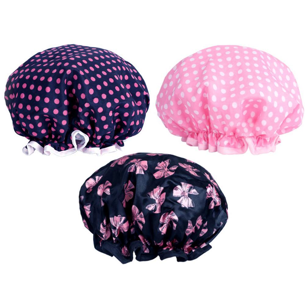 KissDate 3 Packs Double layer Shower Cap Waterproof Elastic Bath Cap for Women Shower Spa Salon : Beauty