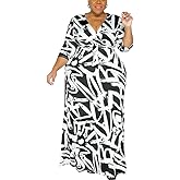 BFFBABY Women's Wrap V Neck Plus Size Maxi Dresses 3/4 Sleeves Chain Floral Printed Swing Dress with Belt