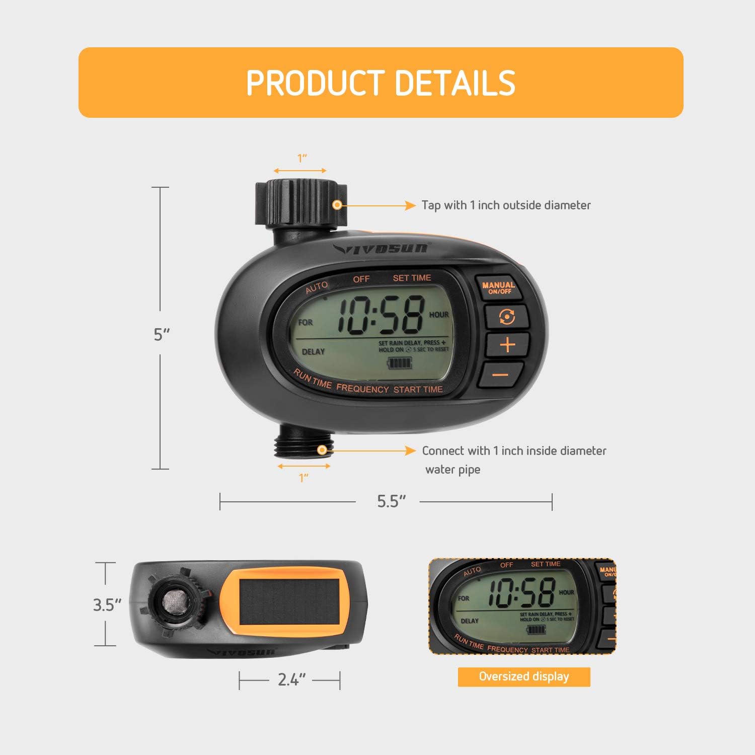 VIVOSUN Watering Timer, Solar Powerd Garden Hose Faucet Timer, Huge LCD Display Screen, Big Comfortable Buttons, Smooth and Concise Oval Design : Garden & Outdoor