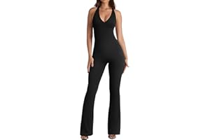 OQQ Jumpsuits for Women Fall Winter Halterneck Sleeveless Lace-Trim Flared Jumpsuit