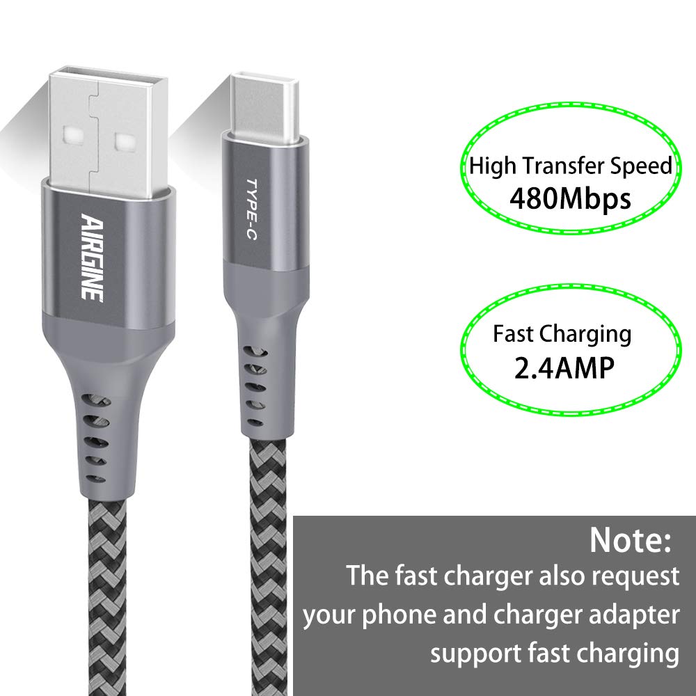 USB Type C Cable, AIRGINE Nylon Braided Fast Charging Cord (2Pack, 6.6ft, Grey) Compatible for Samsung Galaxy S9 Plus S8 Plus Note 9 and Other Type C Cable Design Devices