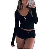 SHENHE Women's Sexy Lounge Set Y2K Pajamas 2 Piece Long Sleeve Crop Top and Shorts Pj Set