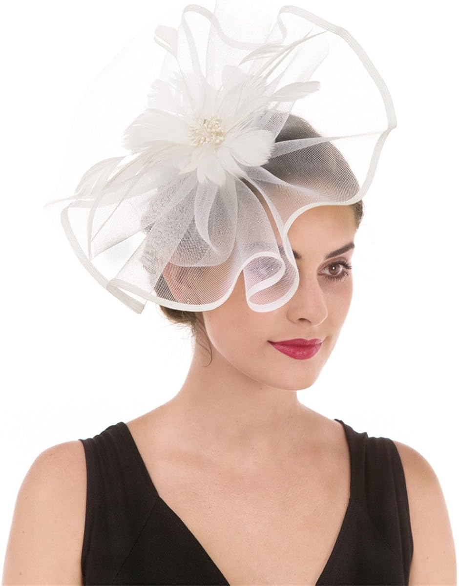 Fascinator Hat Feather Mesh Net Veil Party Flower Derby with Clip and Hairband for Women (A1-Large White Mash) - Image 5