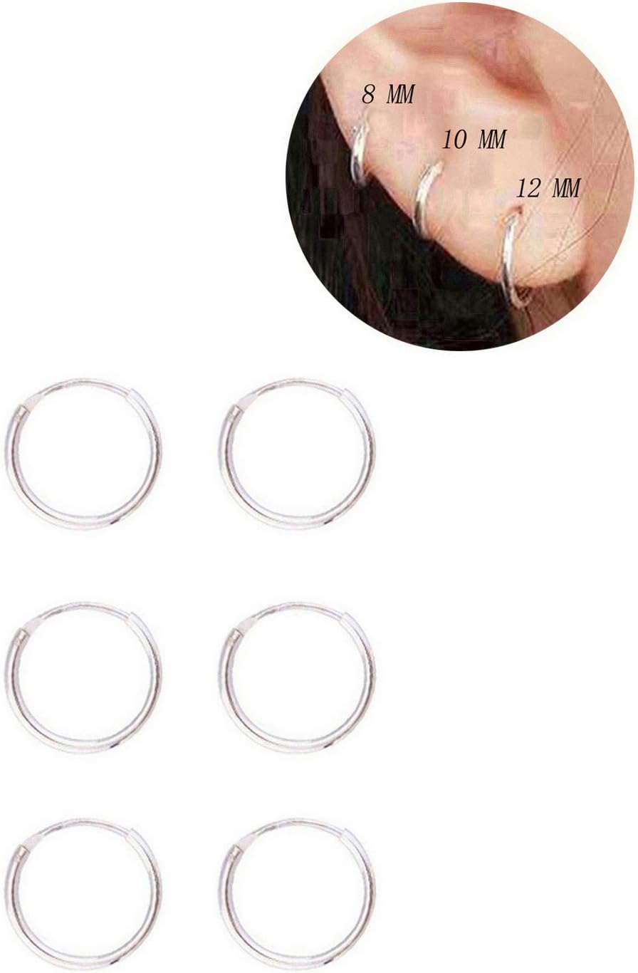 3 Pairs Sterling Silver Small Endless Hoop Earrings Set, Unisex Cartilage Earrings Nose Lip Rings Body Piercing Jewelry
