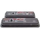 ProForm Valve Cover, Short, Baffled, Breather Hole, Bowtie Logo, Steel, Black Crinkle, Center Bolt, Small Block Chevy, Pair