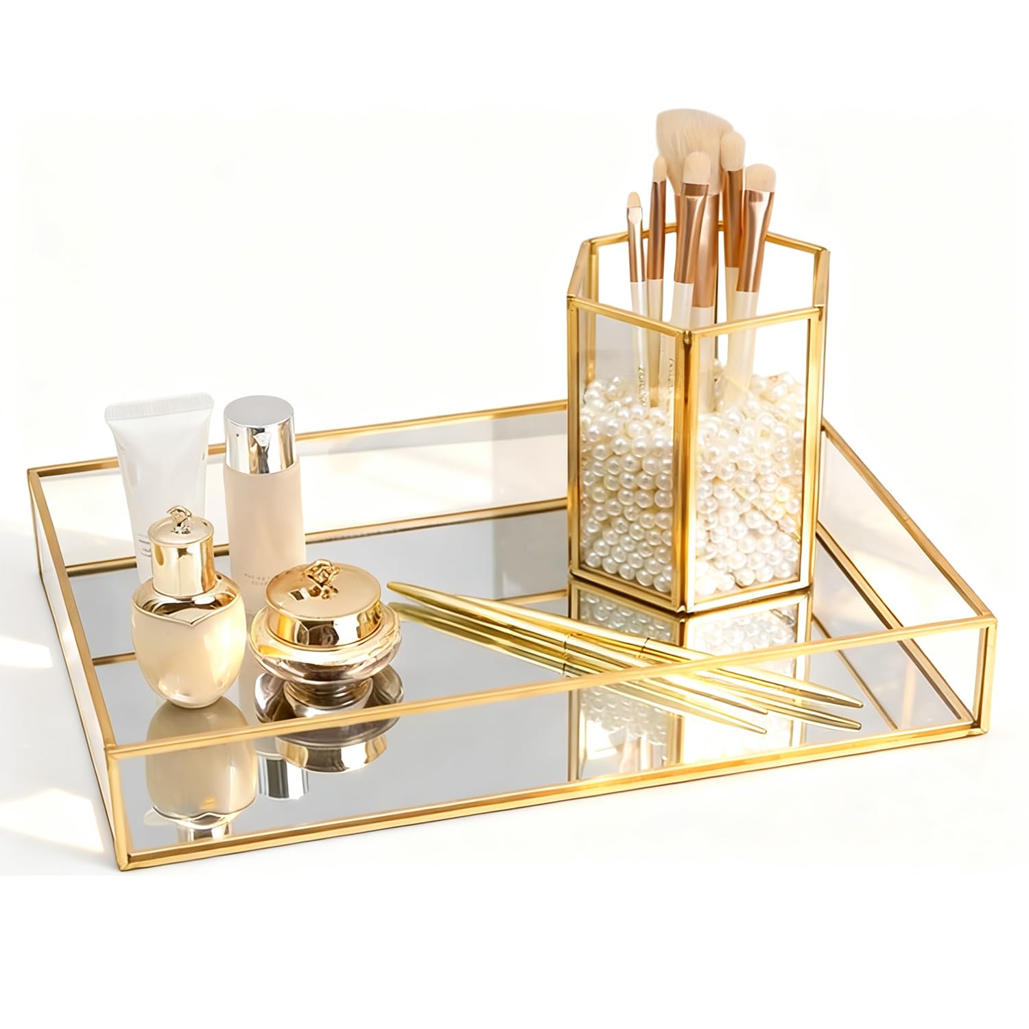 Vintage Metal Glass Storage Box, Rectangle Jewelry Display Organizer Box, Gold Tray Jewelry Cosmetics Display Boxes for Storage Trinket Rings Bracelet(Large)