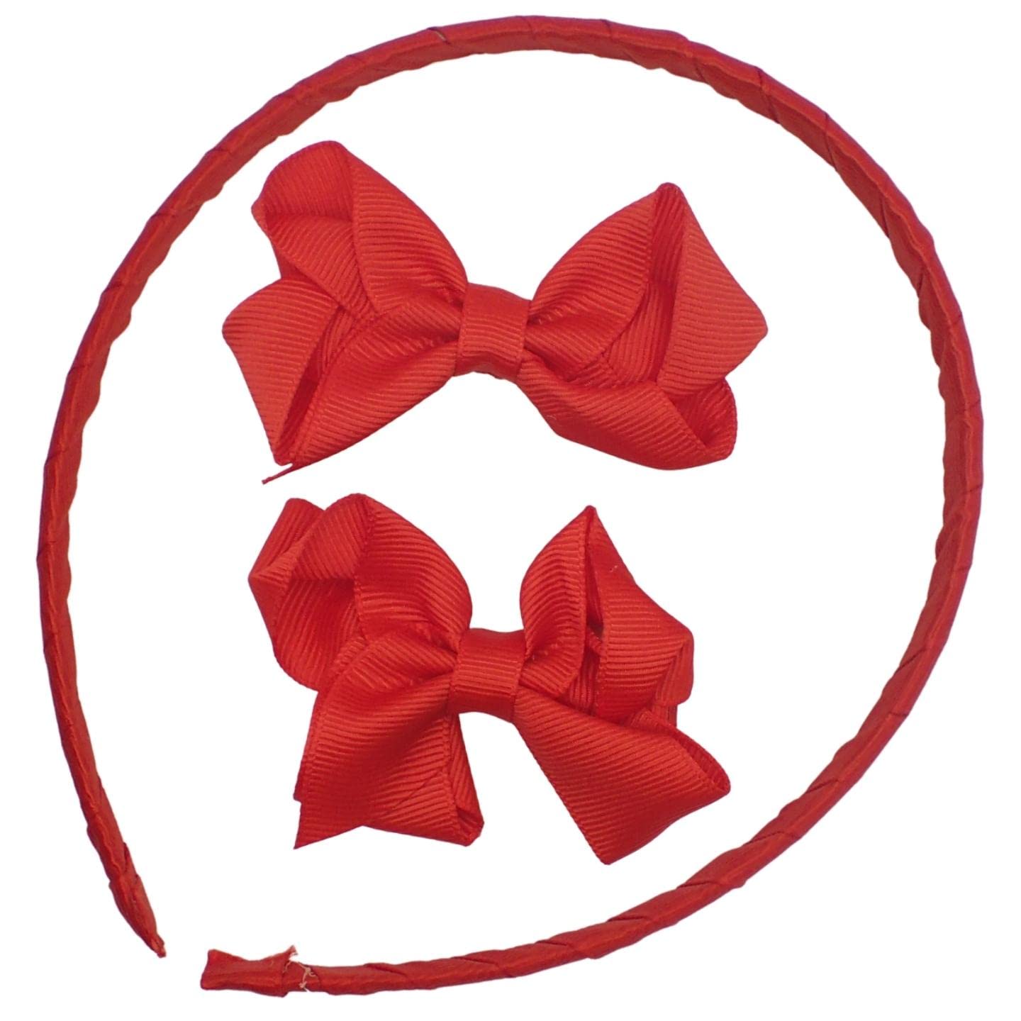 Topkids Accessories 3pc School Set Coloured 1cm Alice Band with Hair Bow Clips, Headbands for Girls, Girls Hair Bows, Hair Ribbon, Girls Hair Accessories Gift Set, Hair Accessories for Girls (Red)