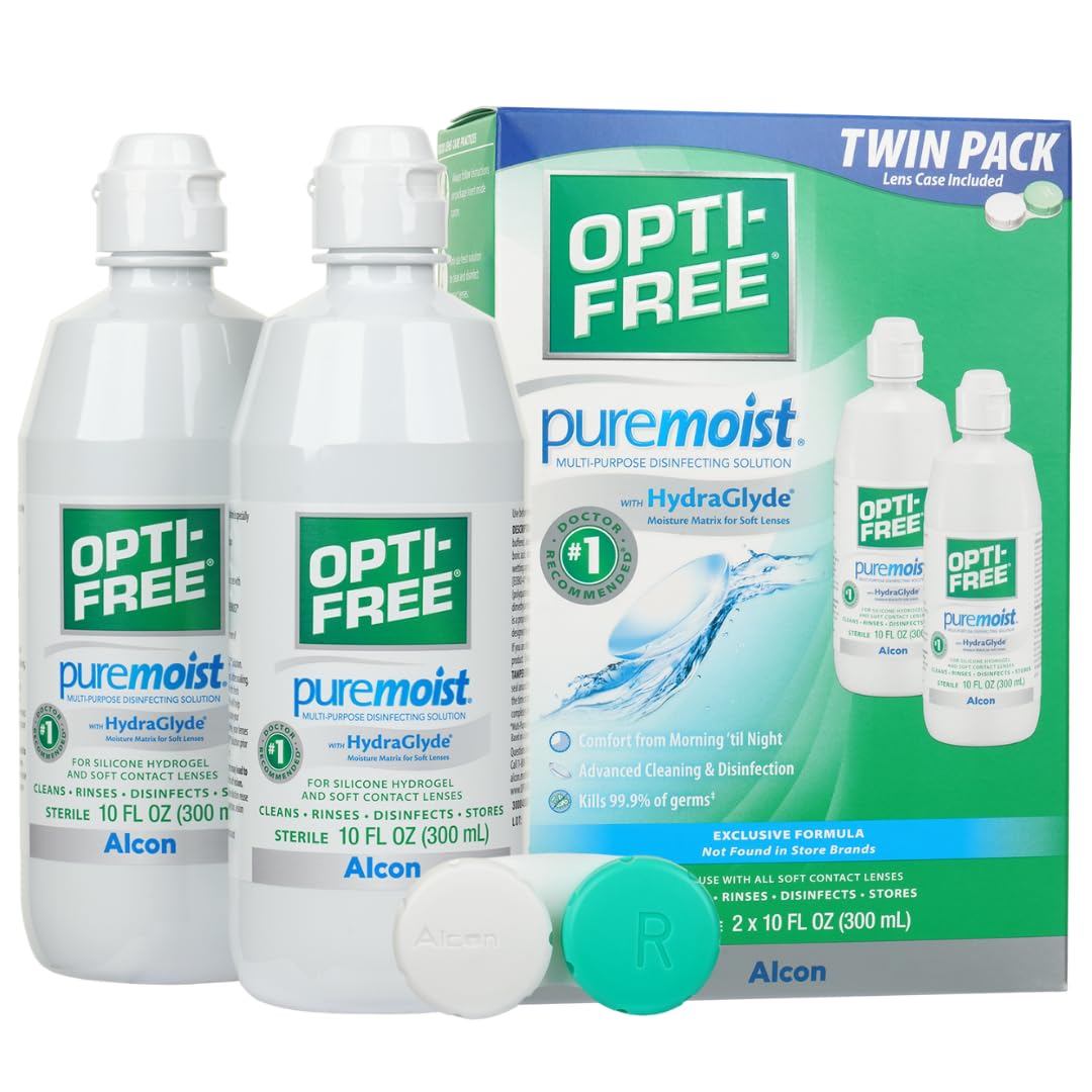 Photo 1 of Opti-Free Puremoist Multi-Purpose Contact Lens Cleaning and Disinfecting Solution with Lens Case, 20 Fl Oz (pack of 2- 10oz bottles) exp- 09/2027