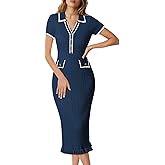 Pink Queen Women's Elegant Bodycon Dress 2026 Short Sleeve V Neck Half Button Cocktail Party Ribbed Knit Long Sweater Dress