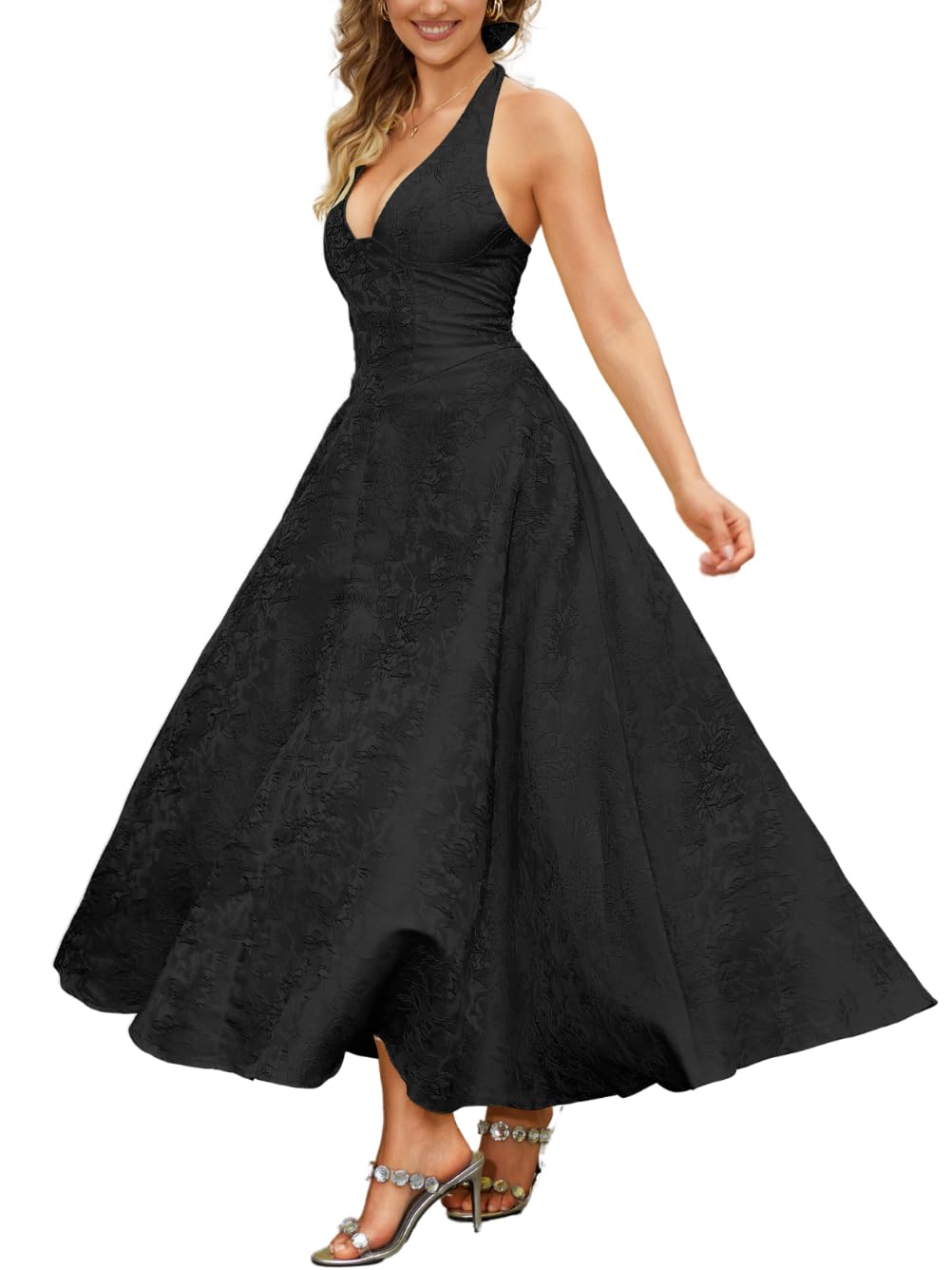 Photo 1 of **MISSING PARTS**ChiaoLezhee V Neck Jacquard Dress, A Line Drop Waist, Wedding Guest, Dresses for Women Semi Formal Garden Tea Party Prom Sexy Flowy Pastel Halter Corset Maxi, Black, Large