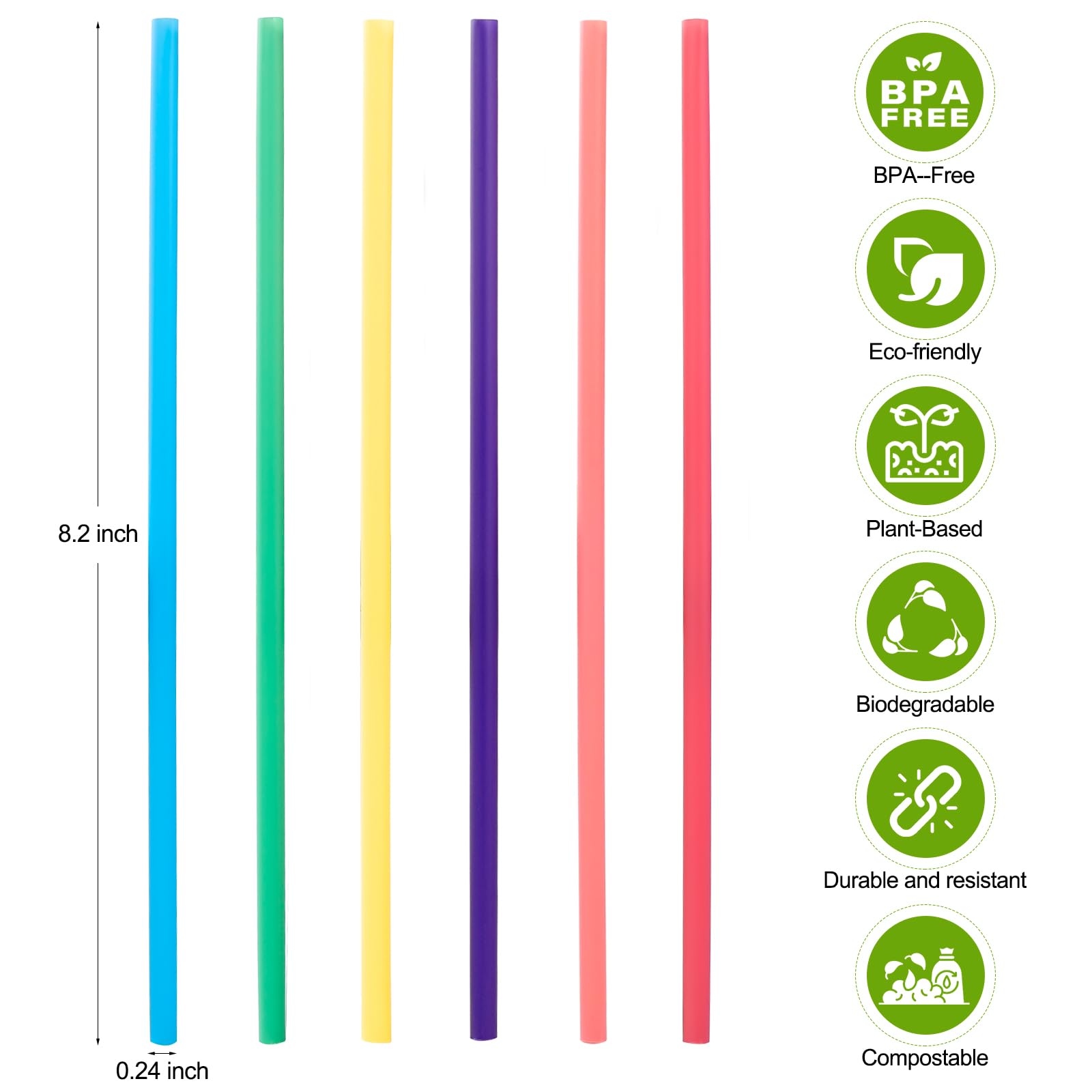 [100 Pcs] Biodegradable Compostable Disposable Colorful Straws - PLA Plant Based Drinking Straws for Juice Coffee Cocktail Cold Drinks (8.25" LongX0.23" Wide) - Image 2