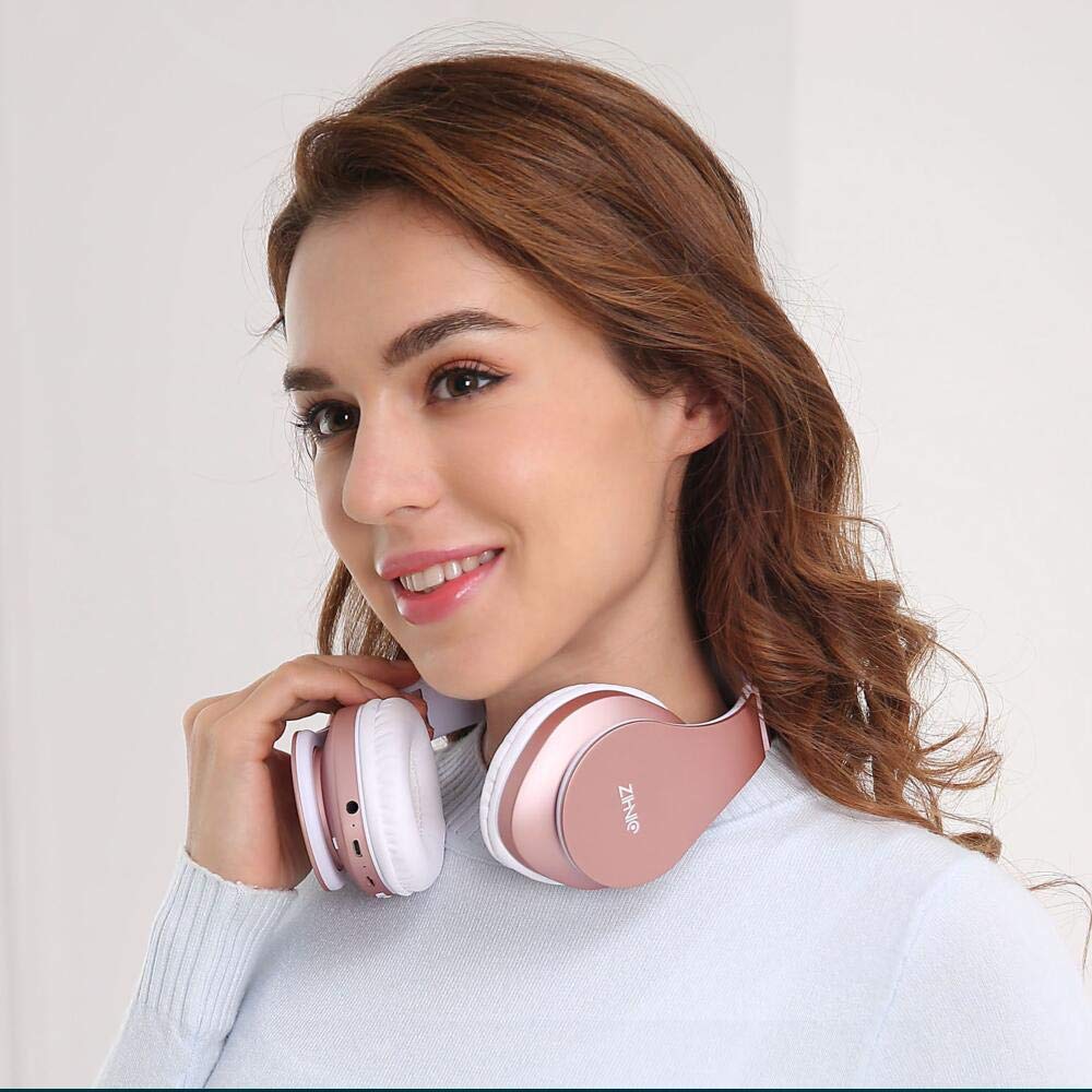 zihnic Bluetooth Over-Ear Headphones, Foldable Wireless and Wired Stereo Headset Micro SD/TF, FM for Cell Phone,PC,Soft Earmuffs &Light Weight for Prolonged Waring (Rose Gold)