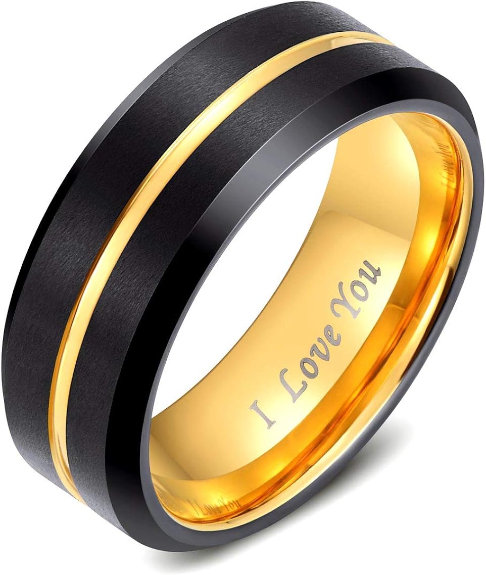 LaurieCinya Tungsten Carbide Ring Men Women Wedding Band Engagement Ring 8mm Comfort Fit Engraved ‘I Love You’ | 