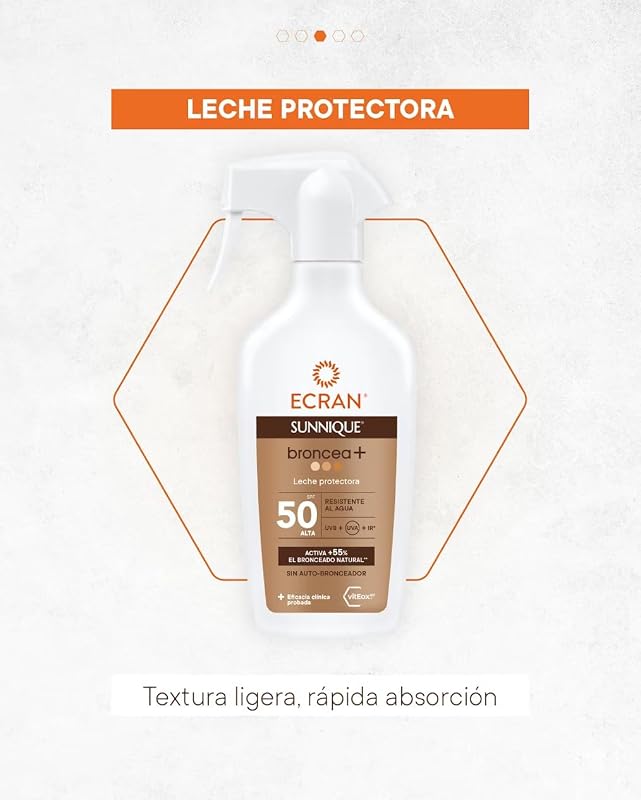 Ecran Sunnique Sunnique Protetor Solar Leite Tanning+ FPS 50 Alto UVB + UVA e IR-A Proteção Spray Ativa Bronzeamento Natural, Sem Autobronzeador, com Tecnologia PureBronze, Resistente à Água - 270 ml