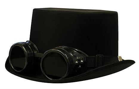 STEAMPUNK ODER DAMPFROCKER = 4 VERSCHIEDEN FARBENDE SEIDIGE ZYLINDER HÜTE = MIT 3 VERSCHIEDENEN RETRO UHRMACHER LOOK BRILLEN 