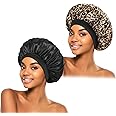 2Pcs Satin Bonnet for Sleeping, Silk Hair Bonnets, Soft Elastic Band Silk Sleep Cap, Hair Wrap for Women(Black Leopard)