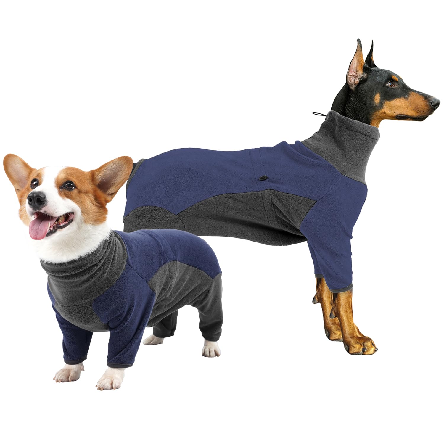 Due Felice Dog Winter Coat Warm Fleece Jacket for Small Medium Large Dog Full Body Dog Onesie with Legs Adjustable Pet Cold Weather Bodysuit Blue/Grey/L